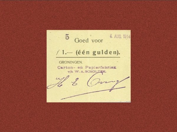 Noodgeld f 1,00 Carton en Papierfabriek v/h W.A. Scholten 1914