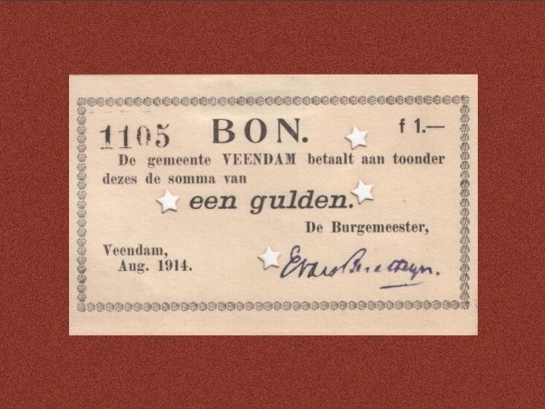 Noodgeld f 1,00 met ster gemeente Veendam 1914